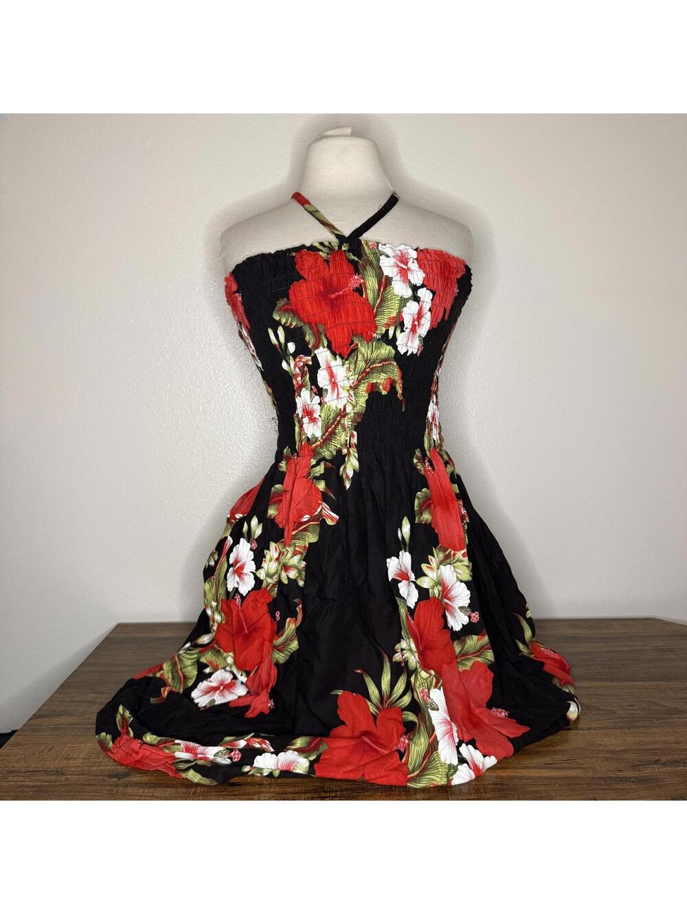 Black Floral Halter Dress with Red and White Flowers